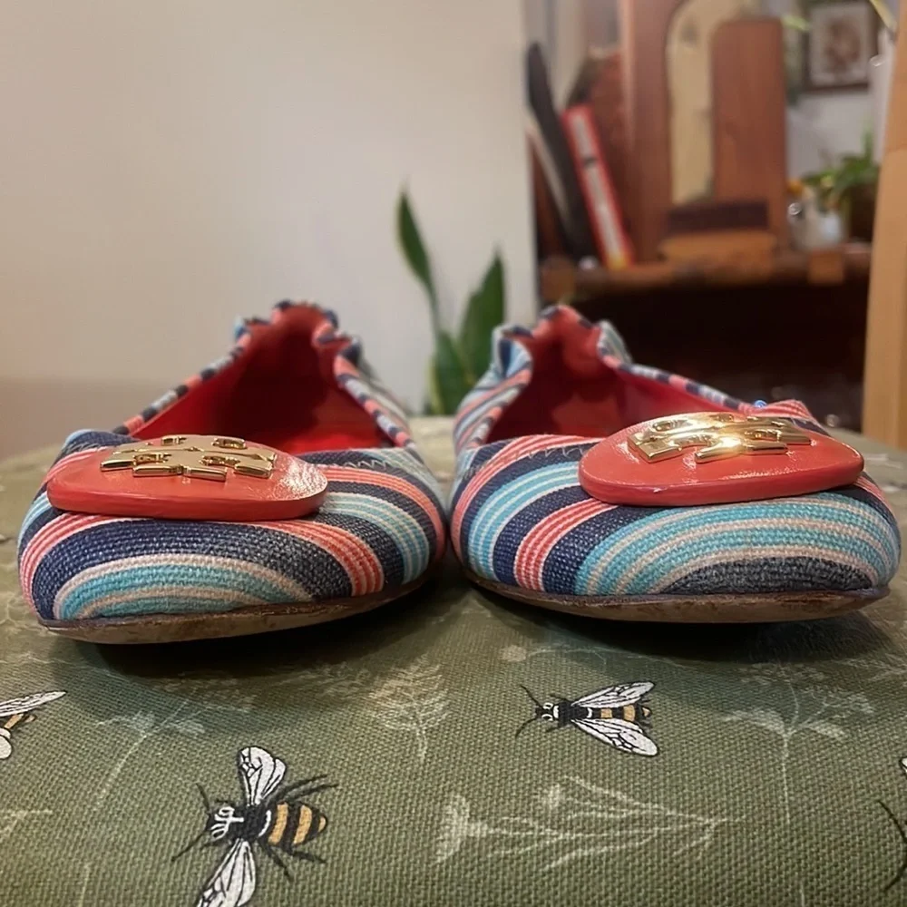 Tory Burch Reva Bauer Stripe A/Habenero Pepper multicolored Ballet Flats sz 6.5